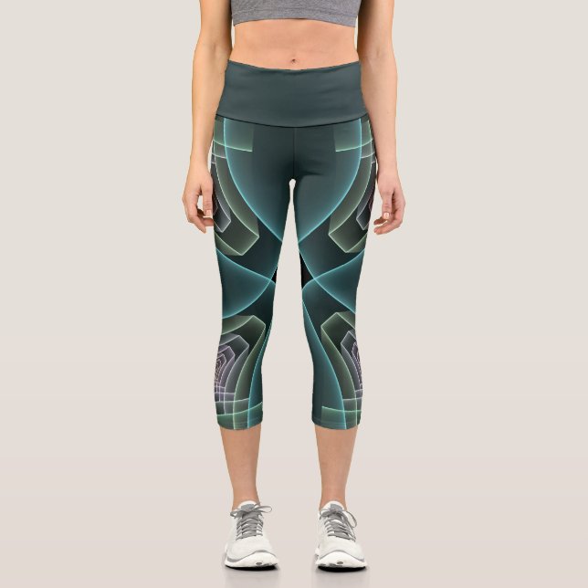 Modern Teal Geometric Fractal Art Graphic Capri Leggings (Front)