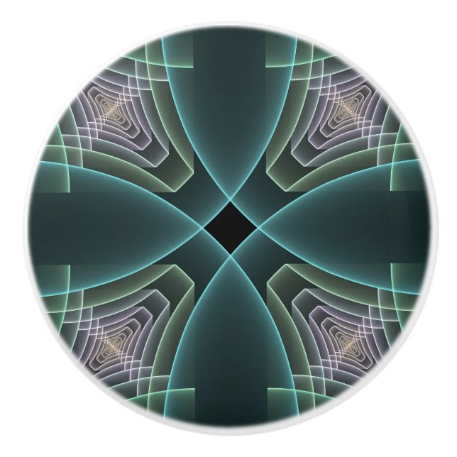 Modern Teal Geometric Fractal Art Graphic Ceramic Knob (Front)