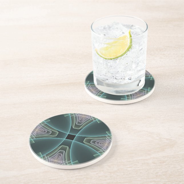 Modern Teal Geometric Fractal Art Graphic Coaster (Side)