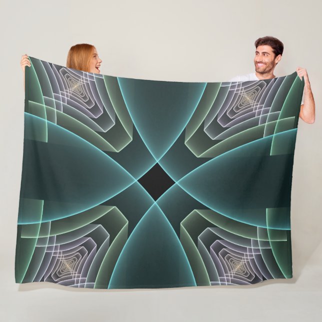Modern Teal Geometric Fractal Art Graphic Fleece Blanket (In Situ)