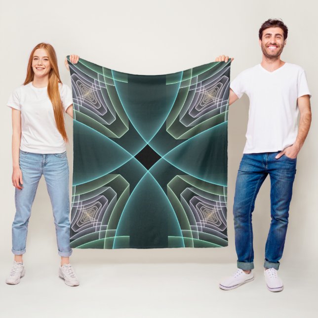 Modern Teal Geometric Fractal Art Graphic Fleece Blanket (In Situ)