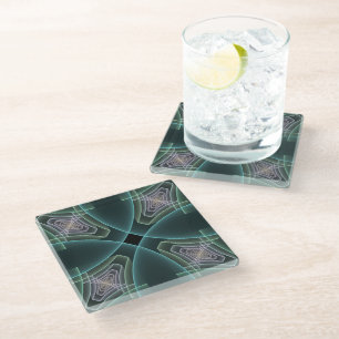 Modern Teal Geometric Fractal Art Graphic Glass Coaster