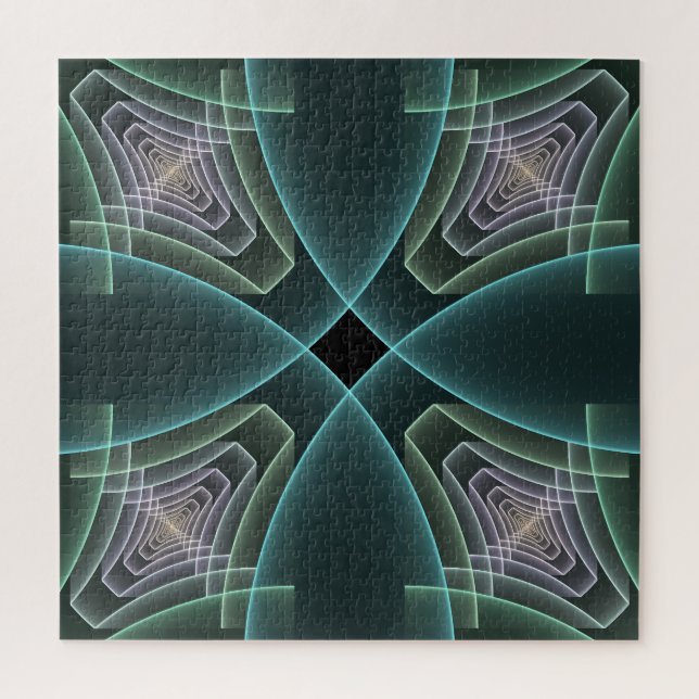 Modern Teal Geometric Fractal Art Graphic Jigsaw Puzzle (Vertical)