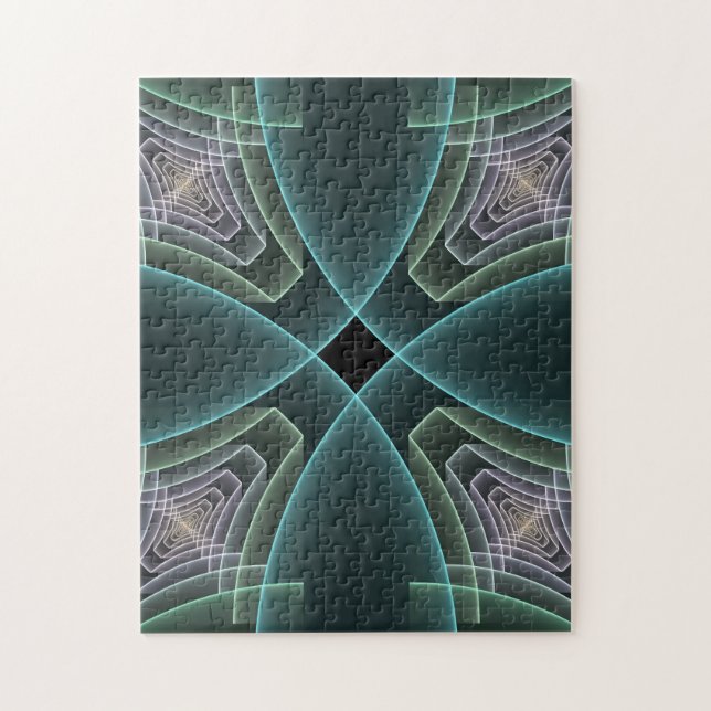 Modern Teal Geometric Fractal Art Graphic Jigsaw Puzzle (Vertical)