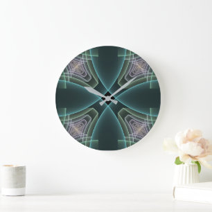 Modern Teal Geometric Fractal Art Graphic Large Clock