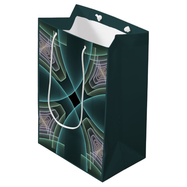 Modern Teal Geometric Fractal Art Graphic Medium Gift Bag (Front Angled)