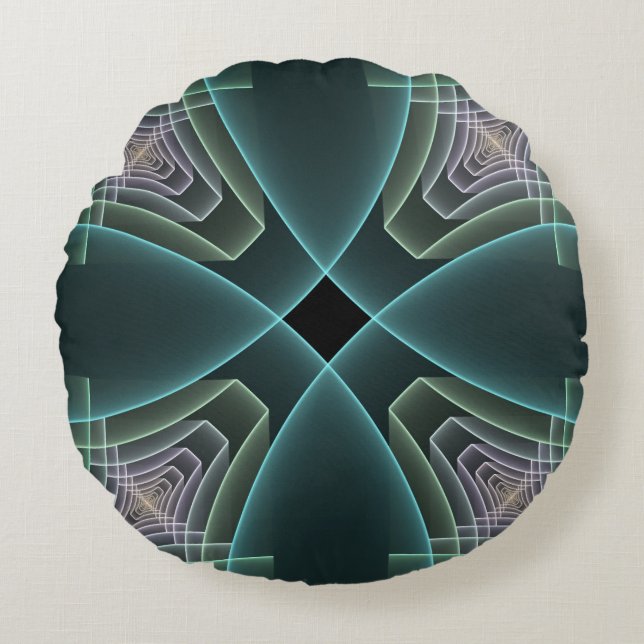 Modern Teal Geometric Fractal Art Graphic Round Cushion (Front)