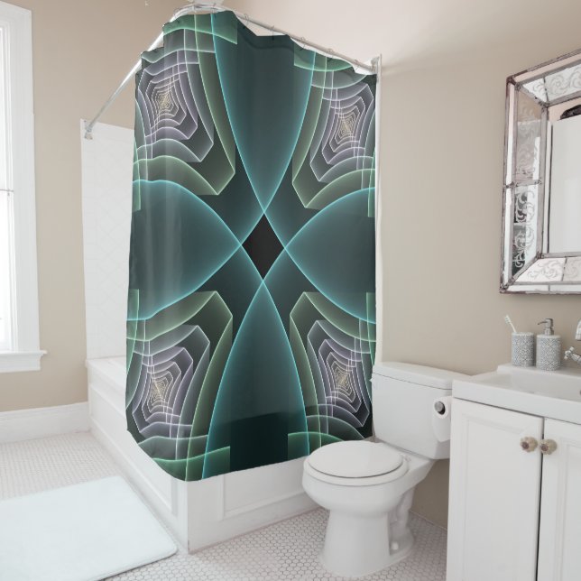 Modern Teal Geometric Fractal Art Graphic Shower Curtain (In Situ)