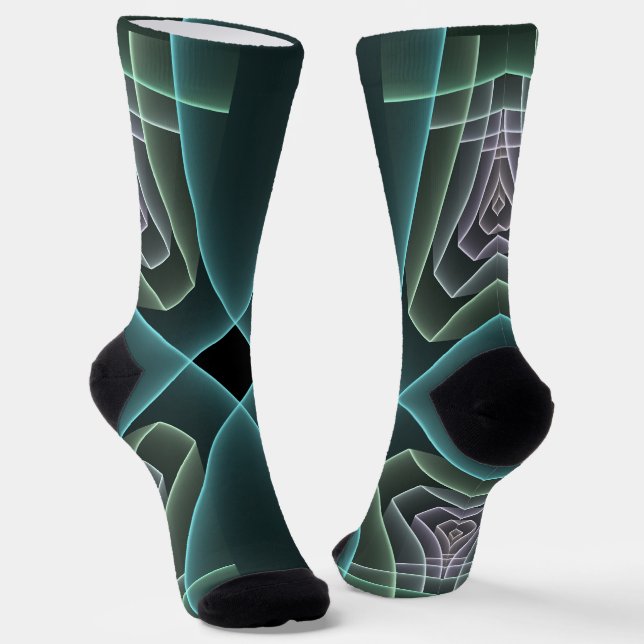 Modern Teal Geometric Fractal Art Graphic Socks (Angled)