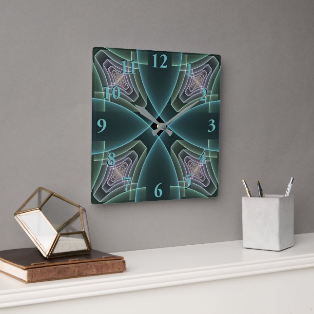 Modern Teal Geometric Fractal Art Graphic Square Wall Clock (Office)