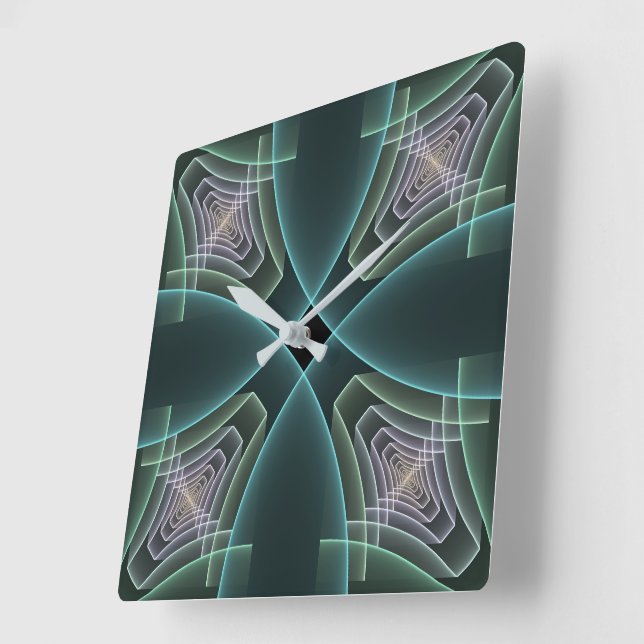 Modern Teal Geometric Fractal Art Graphic Square Wall Clock (Angle)