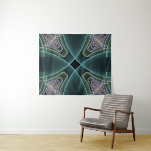 Modern Teal Geometric Fractal Art Graphic Tapestry