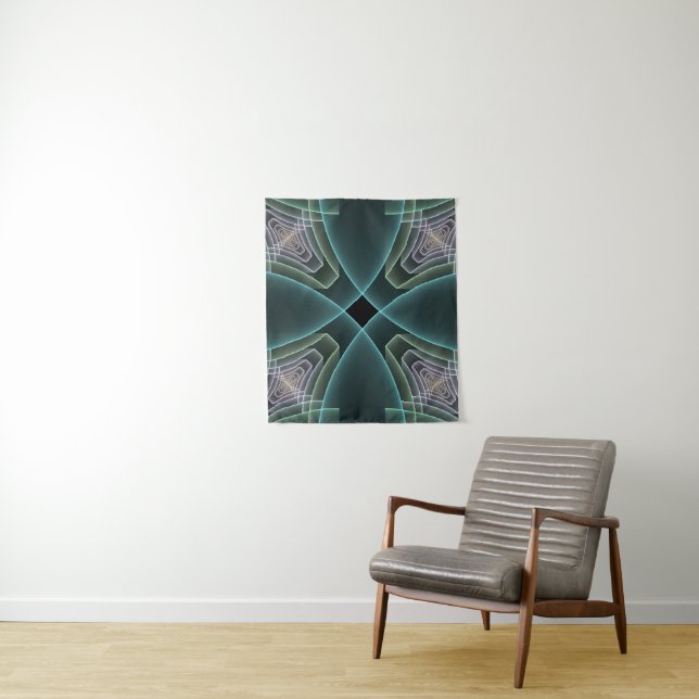 Modern Teal Geometric Fractal Art Graphic Tapestry (In Situ)