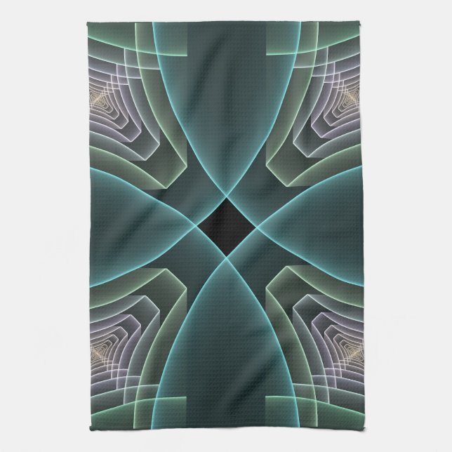 Modern Teal Geometric Fractal Art Graphic Tea Towel (Vertical)