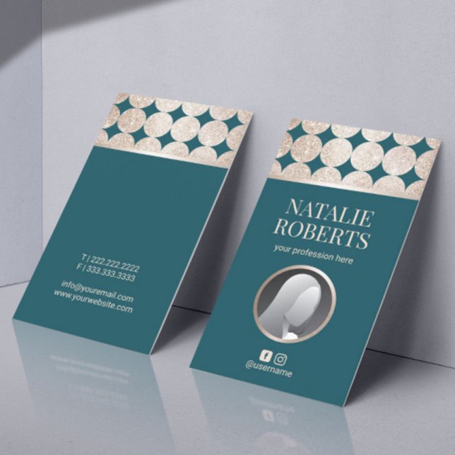 Modern Teal Geometric Gold Circles Custom Photo Business Card (Creator Uploaded)