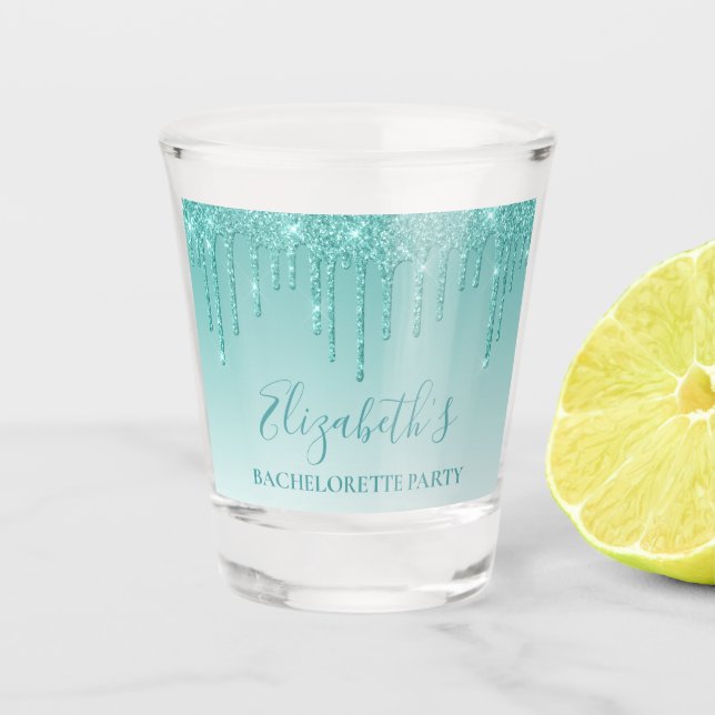 Modern Teal Glitter Bachelorette Party Shot Glass (Front)