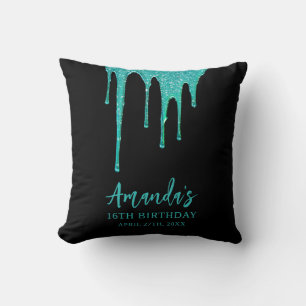 Modern Teal Glitter Drips Sweet 16 Birthday Cushion