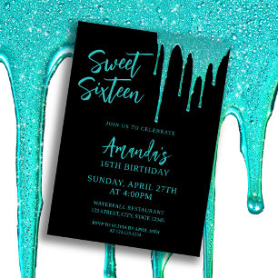 Modern Teal Glitter Drips Sweet 16 Birthday Invitation