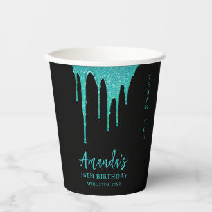 Modern Teal Glitter Drips Sweet 16 Birthday Paper Cups