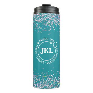 Modern Teal Glitter Monogram Stethoscope Nurse Thermal Tumbler