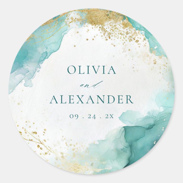 Modern Teal Gold Abstract Beach Wedding  Classic Round Sticker