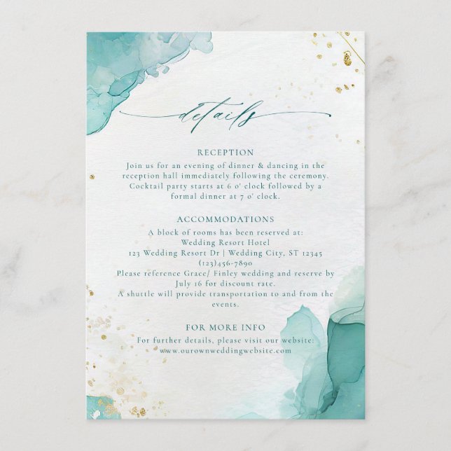 Modern Teal Gold Abstract Beach Wedding Details Enclosure Card