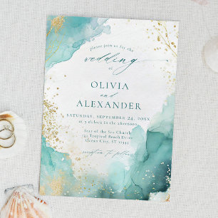 Modern Teal Gold Abstract Beach Wedding Invitation