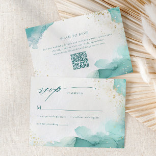 Modern Teal Gold Abstract Beach Wedding QR Code RSVP Card