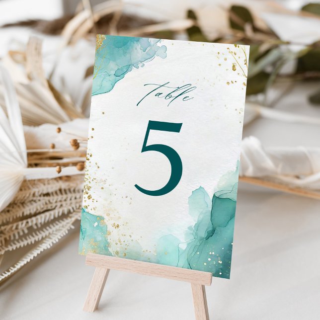 Modern Teal Gold Abstract Beach Wedding Table Number (Creator Uploaded)