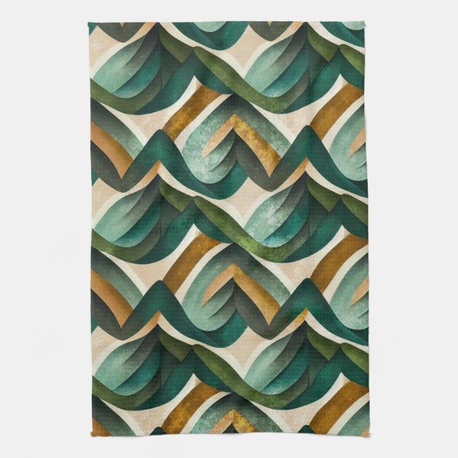 Modern Teal Gold Abstract Geometric Pattern Tea Towel (Vertical)