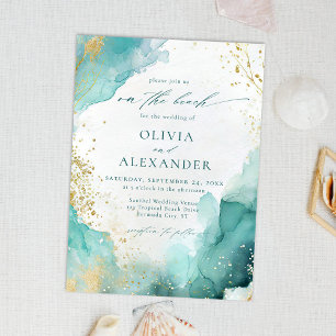 Modern Teal Gold Abstract On The Beach Wedding Invitation