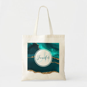 Modern Teal & Gold Agate Abstract Monogram Tote Bag