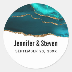 Modern Teal & Gold Agate Abstract Wedding Classic Round Sticker