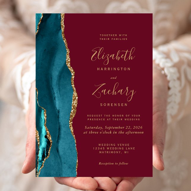 Modern Teal Gold Agate Burgundy Wedding Invitation (Creator Uploaded)