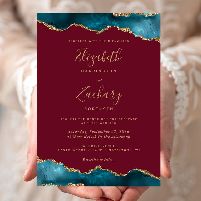 Modern Teal Gold Agate Burgundy Wedding Invitation (Creator Uploaded)