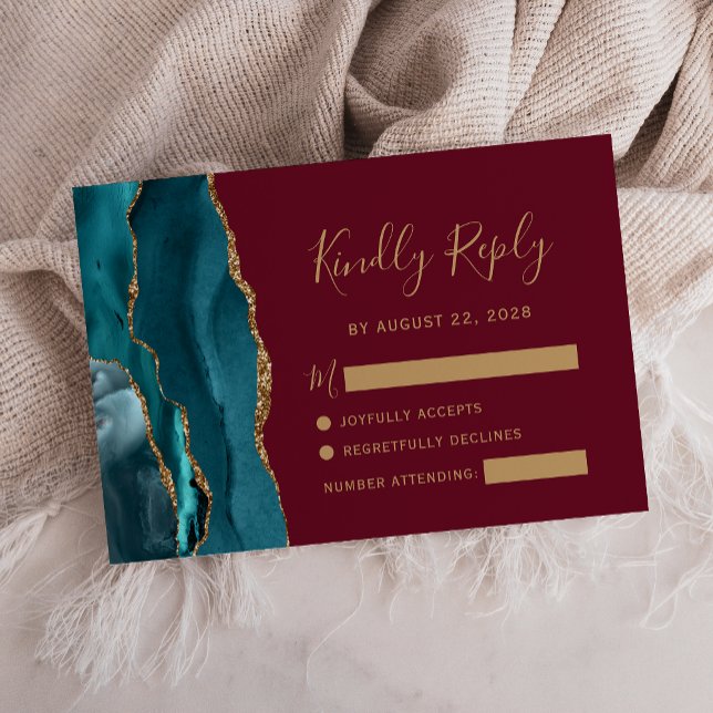 Modern Teal Gold Agate Burgundy Wedding RSVP Card (Creator Uploaded)