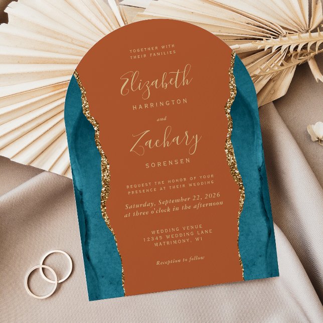 Modern Teal Gold Agate Burnt Orange Arch Wedding Invitation (Creator Uploaded)