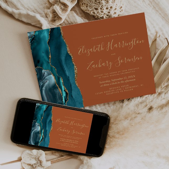Modern Teal Gold Agate Burnt Orange Wedding Invitation (Creator Uploaded)