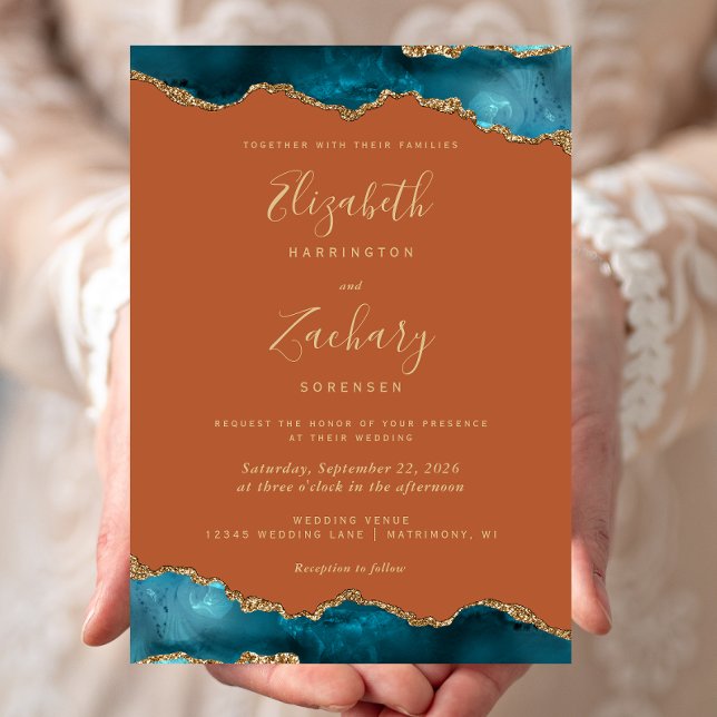 Modern Teal Gold Agate Burnt Orange Wedding Invitation (Creator Uploaded)