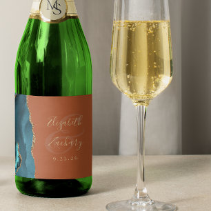 Modern Teal Gold Agate Burnt Orange Wedding Sparkling Wine Label