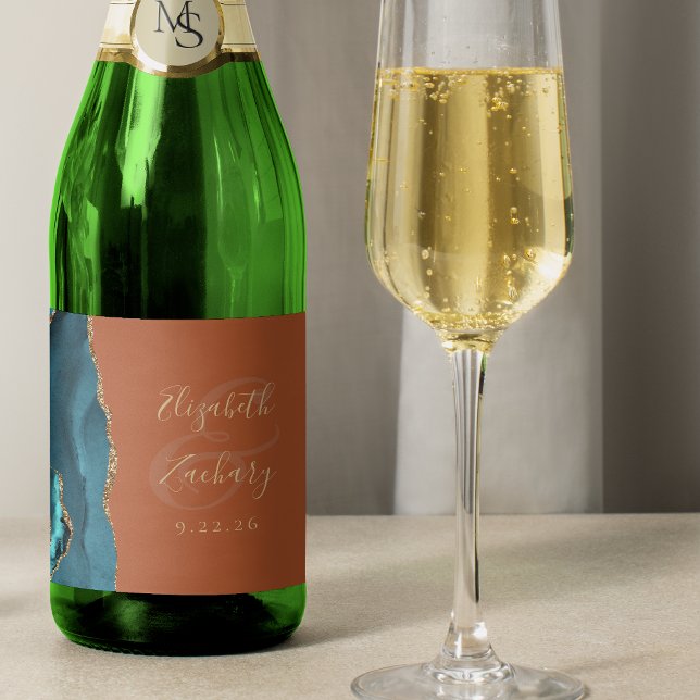 Modern Teal Gold Agate Burnt Orange Wedding Sparkling Wine Label (Creator Uploaded)
