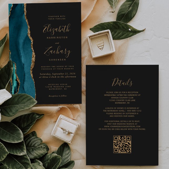Modern Teal Gold Agate Dark QR Code Wedding Invitation (Creator Uploaded)