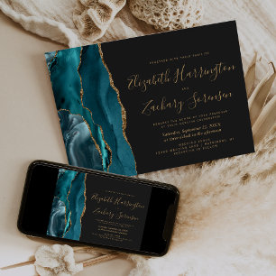 Modern Teal Gold Agate Dark Wedding Invitation
