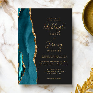 Modern Teal Gold Agate Dark Wedding Invitation