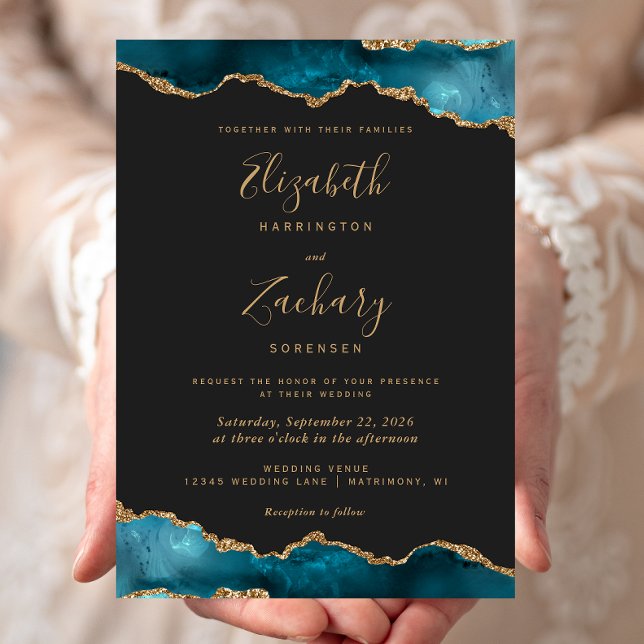 Modern Teal Gold Agate Dark Wedding Invitation (Creator Uploaded)