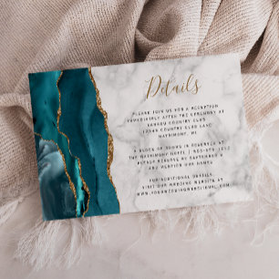 Modern Teal Gold Agate Grey Marble Wedding Details Enclosure Card