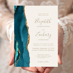 Modern Teal Gold Agate Ivory Wedding Invitation