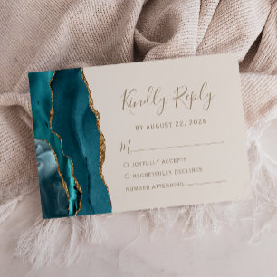 Modern Teal Gold Agate Ivory Wedding RSVP Card