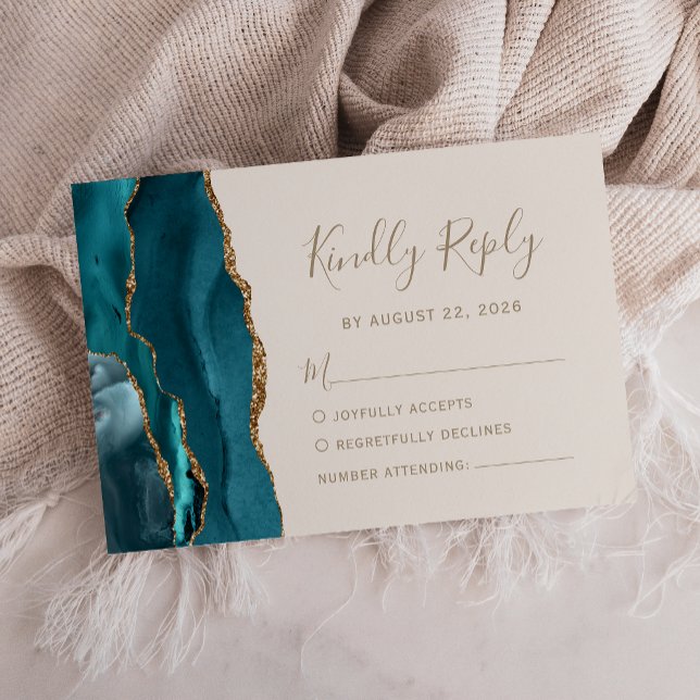 Modern Teal Gold Agate Ivory Wedding RSVP Card (Creator Uploaded)