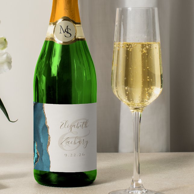 Modern Teal Gold Agate Ivory Wedding Sparkling Wine Label (Creator Uploaded)